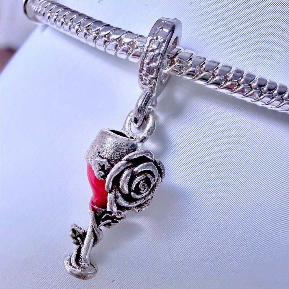 Silver Wine Glass Rose Bead Charm Fits Snake Chain Bracelet Red Enamel Dangle